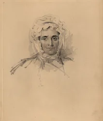 Portrait of Sir Thomas Lawrence’s mother Lucy Read close to death. Hand-tinted engraving by Frederick Christian Lewis after an illustration by Sir Thomas Lawrence from P.G. Patmore’s Cabinet of Gems, Ackermann, London