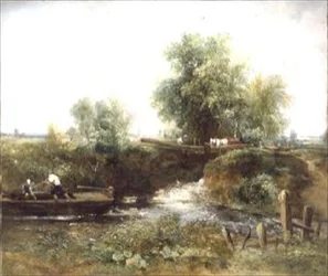 River with Horses Crossing and Skiff