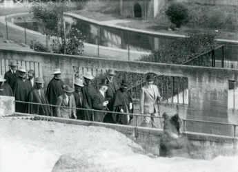 Sir Peter Chalmers Mitchell with Ethiopian Regent Haile Selassie and his entourage, viewing a Brown Bear on the Mappin Terraces, London Zoo