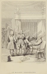 Le Malade Imaginaire: satire depicting author and botanist John Hill in bed being consulted by a range of physicians all determined to secure their fees