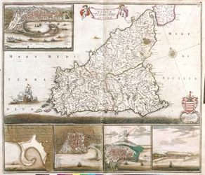Map of the Kingdom of Sicily, Italy, with views of the cities of Messina, Milazzo, Palermo, Catania and Trapani