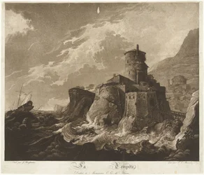 Castle on Rocky Coast and Ships in Storm at Sea