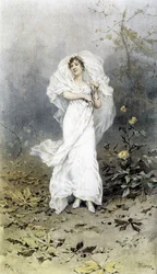 Woman in a Forest - Allegory of Autumn, Calendar illustrated by Hubert Dys, painted by F.H. Kaemmerer