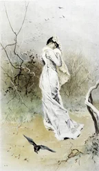 Woman in a Forest - Allegory of Early Winter, Calendar Illustrated by Hubert Dys, Painted by F.H. Kaemmerer