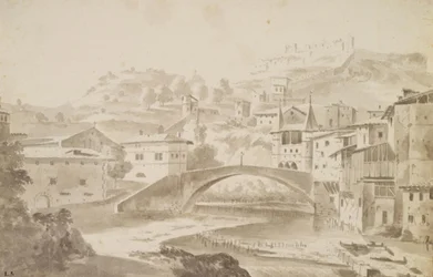 Vienne, near Lyon. Pont Saint-Martin over the Gère River. Left: Prieuré de Saint-Martin, Right: Porte de la Rochette and Pipet Castle