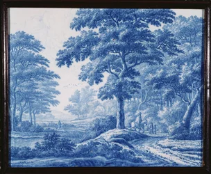 A very rare Dutch Delft blue and white rectangular plaque, depicting wayfarers on a road in a wooded landscape