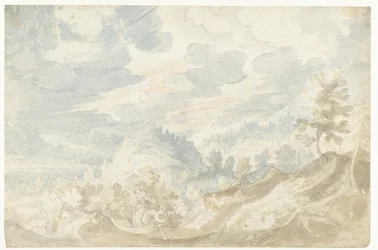 Mountain Landscape with a View of a Valley (Possibly the Danube) and a Church Tower