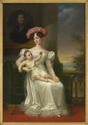 Josephine de Leuchtenberg, Queen of Sweden and Norway, with her son Charles XV in her arms, seated before a portrait of King Oscar I, Portrait of Josephine of Leuchtenberg (1807-1876), Queen of Sweden and Norway, by Fredric Westin (1782-1862)