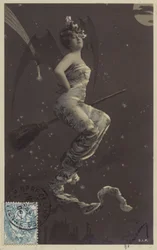 A Young Woman Sitting on a Broomstick and Flying Over Rooftops