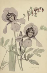 Two Iris Flowers Each Containing the Face of a Young Woman