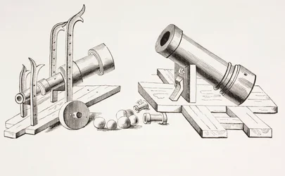 15th century cannons, with fixed gun carriage (right) and rolling gun carriage (left) from Les Arts au Moyen Age, published 1873