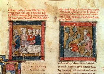 Galahad Comes to Arthur and Draws the Sword from the Floating Stone at Camelot, c.1250-80