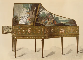 18th Century Harpsichord Decorated with Grotesque (from Dictionnaire de Lameublement et de la Decoration by Henry Havard, Volume 1)