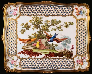 A Louis XV Sevres tray decorated with three exotic birds in a landscape, forming the top of a table a cafe