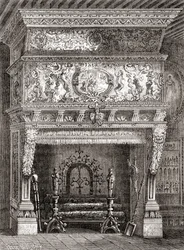 A Renaissance fireplace in The Cluny Museum, Paris, France, from 