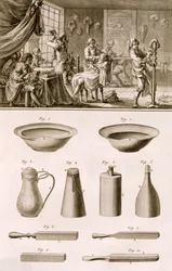 A barbershop and barber tools, from the Encyclopedie des Sciences et Metiers by Denis Diderot published c.1770