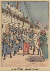 A battalion of Algerian tirailleurs disembarking from a ship in Casablanca, Morocco