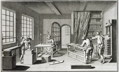 A bookmakers workshop, from the Encyclopedie des Sciences et Metiers by Denis Diderot published c.1770