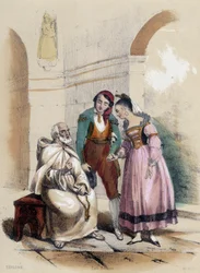 A couple getting married in church; illustration for Spain, in 
