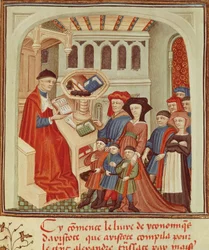A Family in Front of a Financier, Miniature from Ethics, Politics, the Economy by Aristotle, France