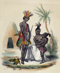 A family of Canadian Indians in front of their teepees; illustration for Canada in "The Twelve Nations" by M. E. Fouinet