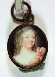 A lady, in crimson drapery