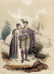 A man carrying a kilt and his companion in front of a castle; illustration for Scotland in "The Twelve Nations" by M. E. Fouinet