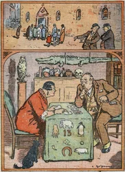 A Man Mocking Faithful Going to Mass, Listening to a Psychic, Cartoon in Le Pelerin, February 26