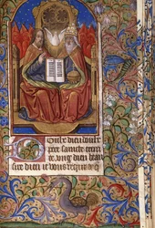 A miniature from a Book of Hours, in Latin and French, depicting the Trinity enthroned with angels, c.1485