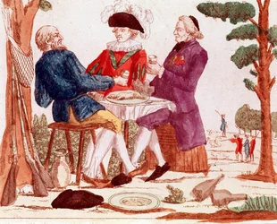 A peasant, clergy and aristocrat eat a rabbit together at a table, in the right background a hunting scene, on the left, three guns, August 1789 (engraving)