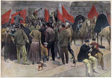 A Public Meeting of the Strikers in Front of the Town Hall of Montceau les Mines, Engraving in "Le Pelerin" 8/09/1901. Selva Collection.