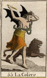 Representation of Anger, dressed in tatters, she holds a knife and tears off her hair. From 