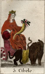 A representation of the divinity Cybele (of Phrygian origin) personifying Mother Nature, she holds a cornucopia in her hands. From “Mythology of Youth” by Pierre Blanchard 1803