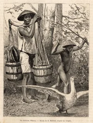 A resident of Hatien (Vietnam) carrying buckets and basket and a child hunting a goose with a stick (engraving after a drawing by Robin illustrating the voyage to Cochinchine by Doctor Morice, 1872, published in 