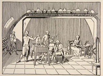 A respiration experiment in the laboratory of Lavoisier, illustration from Histoire de la Nation Francaise, Sciences, Volumes I & II