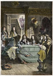 A Salon (Cabaret) Bringing Together French Writers Jean de La Fontaine, Nicolas Boileau-Despreaux, Playwright Jean Baptiste Poquelin dit Moliere, and Poet Jean Racine