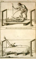 A sculptor measuring a model for a block of stone, from the 