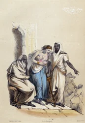 A white woman breastfeeding her baby, punished in Afghanistan; illustration for Afghanistan in "The Twelve Nations" by M. E. Fouinet.