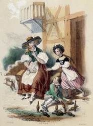 A woman and 2 children playing bowling; illustration for Switzerland - in “The Twelve Nations” by M.E. Fouinet