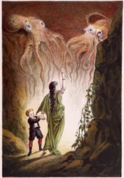 A Woman and a Boy Attacked by Two Giant Octopuses - in Journey to the Bottom of the Sea by H. de la Blanchère