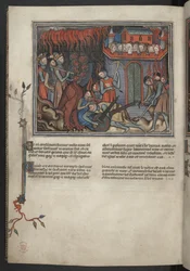 Add 17333, f.42v, Miniature of the Armies of Heaven Fighting the Dragon (Revelation XIX:19-20), from Apocalypse (the 