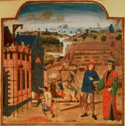 Construction of a Garden House with Formal Gardens and Landscape, from Livre des Prouffits Champetres et Ruraulx
