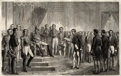 Address of the 221 - Liberal statesman Roy-Collard presents the Address du 221 - Pierre Paul Royer-Collard reading to French king Charles X the 221