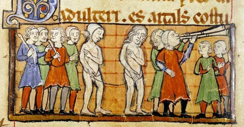 Adultery and its punishment: caught in the act, the adulterous man and woman walk naked and tied by a rope through the streets of the city, preceded by two trumpet players and followed by a group of batons