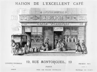 Advertisement for a coffee seller in Rue Montorgueil, Paris, c.1870