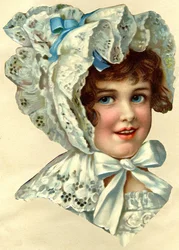 Advertising chromos, cut to size according to the contours of the represented drawings which were very fashionable at the beginning of the XXth century and designed to be cut and pasted in albums, Portrait of a little girl, early 20th century