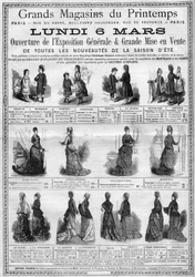 Advertising for the opening of the general exhibition and the sale of summer season newcomers (summer collection) at the Printemps department stores in Paris. Engraving in "L