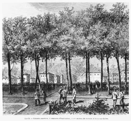 Advertisement depicting a worker colony, illustration from Le Monde Illustre, 1876
