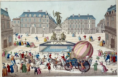Aerostat: the second attempt to fly on a balloon. The entire aerostatic globe of Charles and Robert in Paris, after a trip on a hydrogenic gas balloon, on 02/12/1783. Anonymous 18th century print. Paris, decorative arts