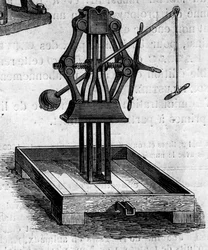 Agricultural machine: a press presented at the Agricultural Exhibition of 1860 in Paris. Engraving in 